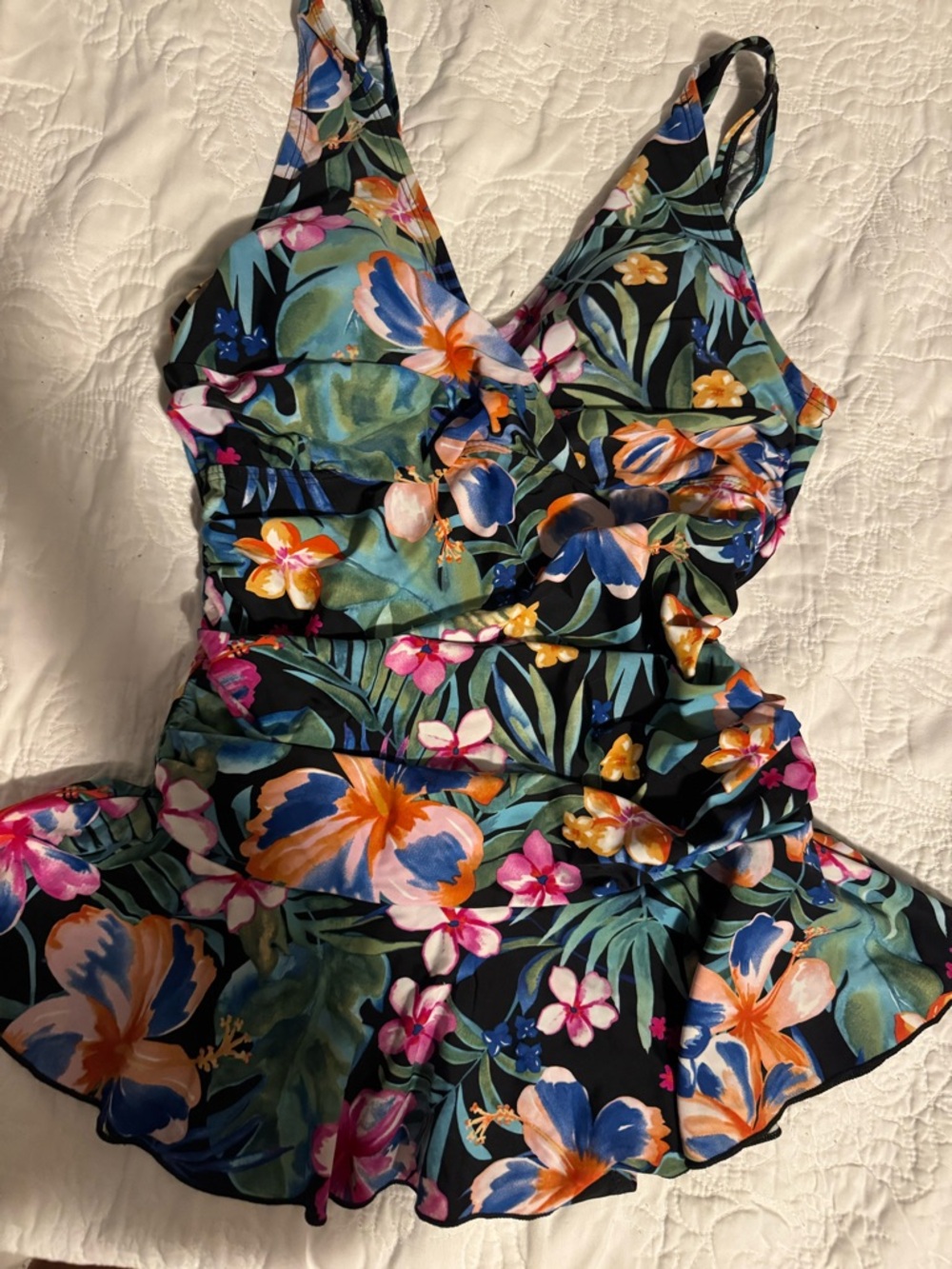 Alisha Levine Black Floral One-Piece Swimsuit with Blue & Orange Flowers